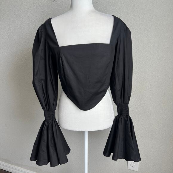 New The Lulo Project Black Crop Poplin Top Women's L Smocked Long Puff Sleeves - Picture 1 of 8